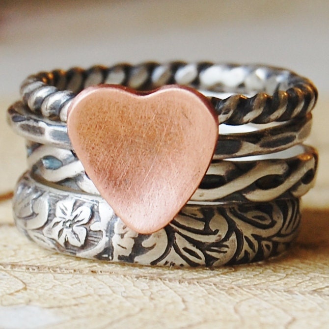 Rustic Romance - Sterling Silver and a Copper Heart - Stacking Ring Set of 4 - Made in Your Size