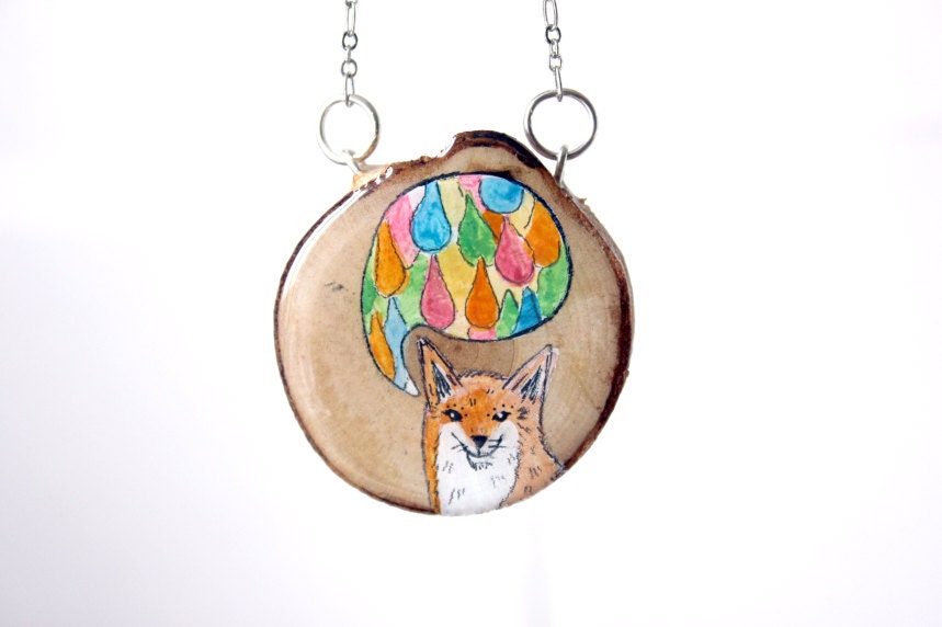 Illustrated fox necklace- hand painted unique fox jewelry- rainbow fox necklace