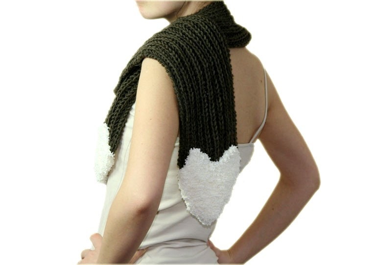 Brown Knit Scarf with Creme Heart - Women Teens Accessories - Fall Winter Fashion - Neutral