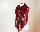 Red Fishnet Shawl with Fringes and Flowers - Fall Spring Summer Fashion - Women Accessories - Wrap -  Gift for Mother