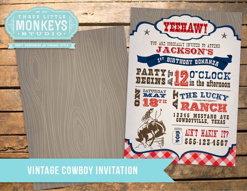Vintage Cowboy Invitation in Navy Il_170x135