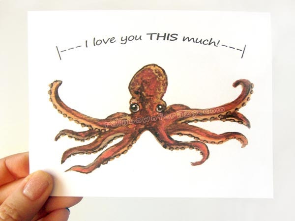 Octopus Card, I Love You This Much, Cute Valentine Card, Blank Greeting Card, Anniversary Card, Valentine's Day