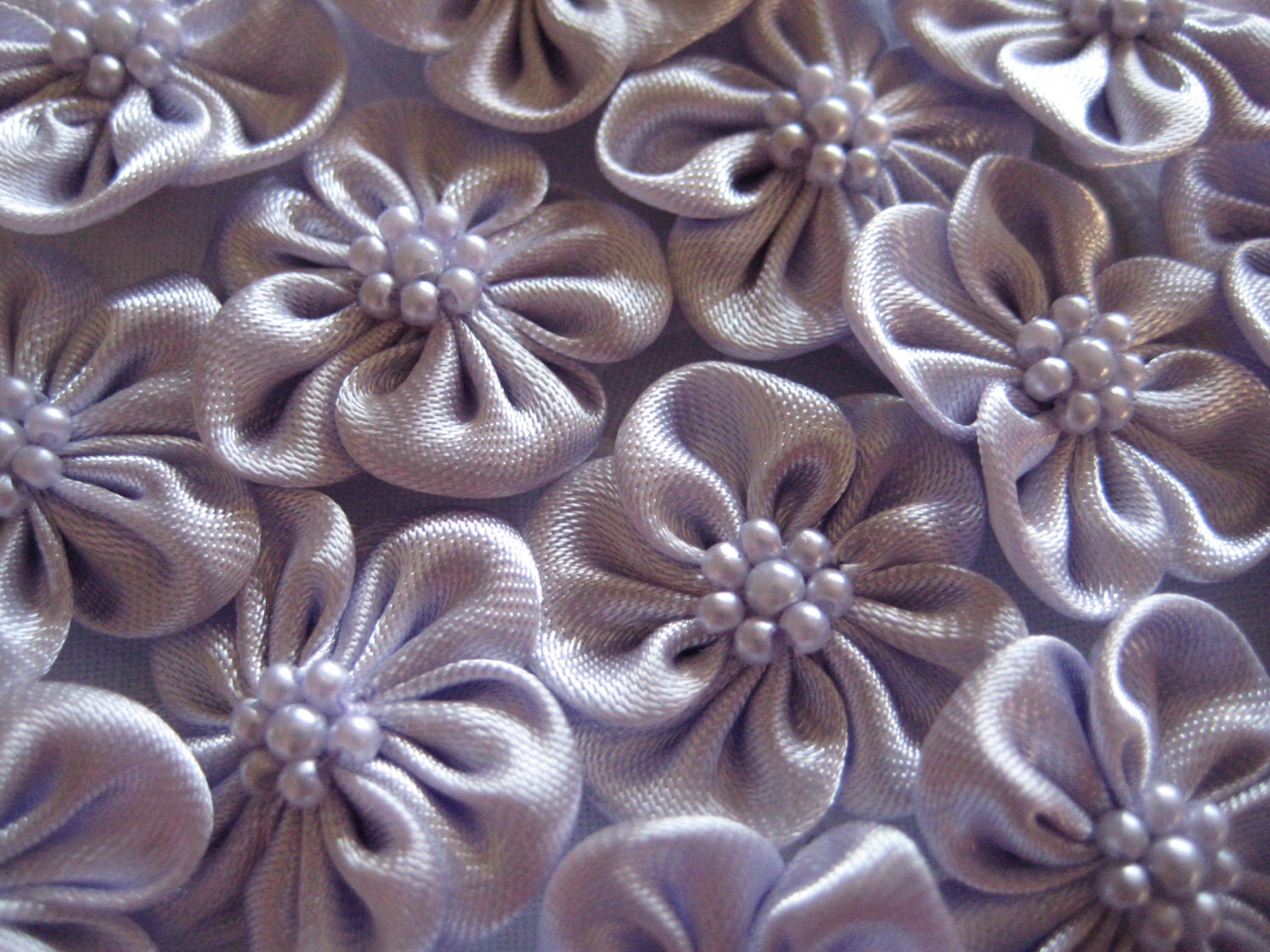 SALE Dusty Lavender Satin Flower  Appliques with 7 Pearls Center for Crafting, Sewing, Doll Shoes, Hair Accessories, 1.12 inches (28 mm)