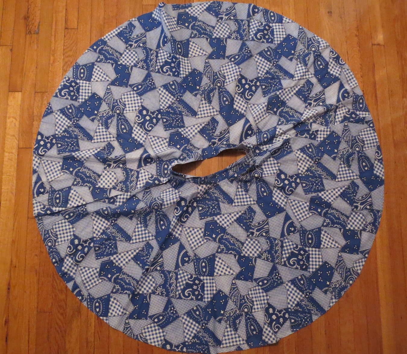 PICNIC PIN UP rockabilly full circle swing skirt - blue kerchief calico patchwork sz S