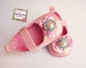 Baby Girl   Rosette Crib Shoes  ,Baby Shoes,Christening, Baptism, Wedding, Ready to ship