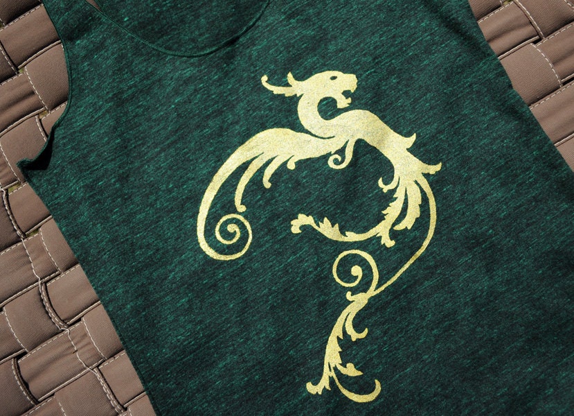 Forest Green Racerback Tank with Golden Dragon Print - Women's Size L
