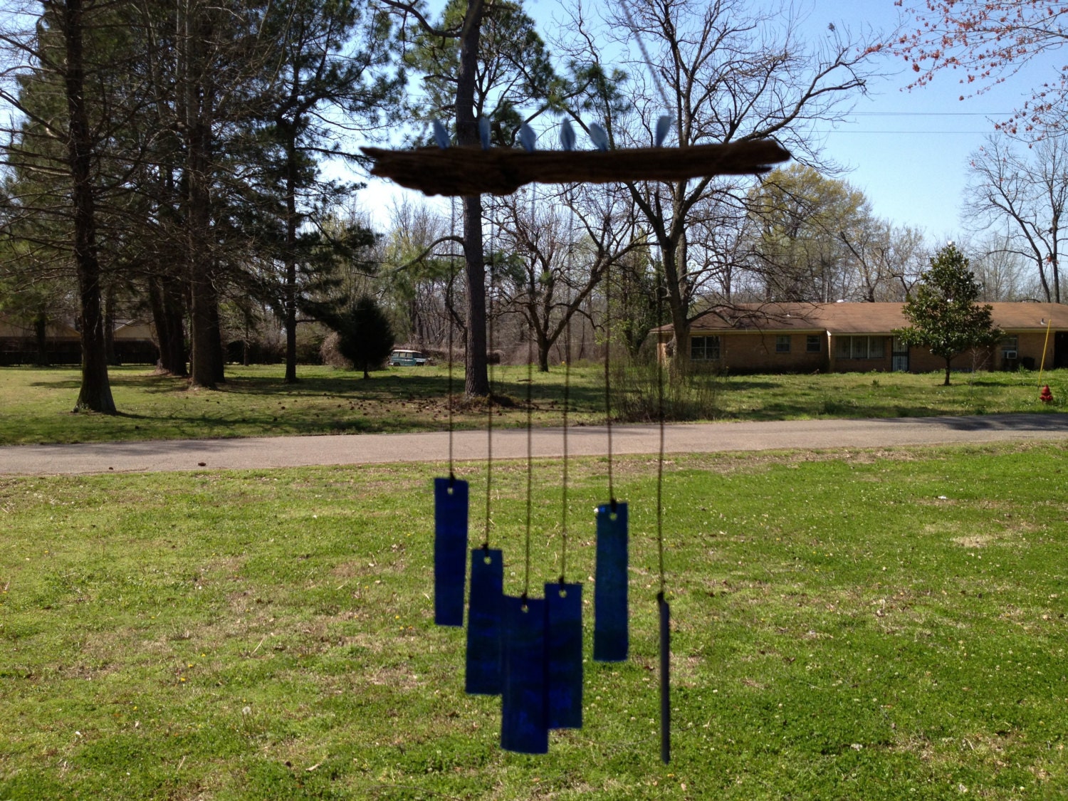 Drift wood windchime with blue glass, and glass beads