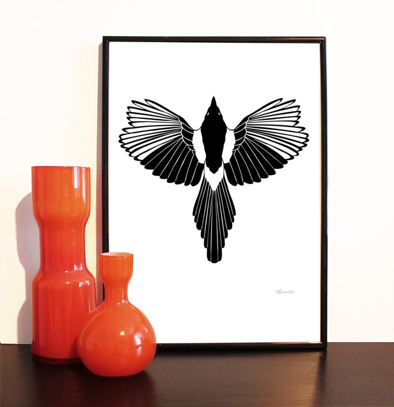 Magpie- A3 Print - Swedish print, scandinavian, bird, black and white, feathers