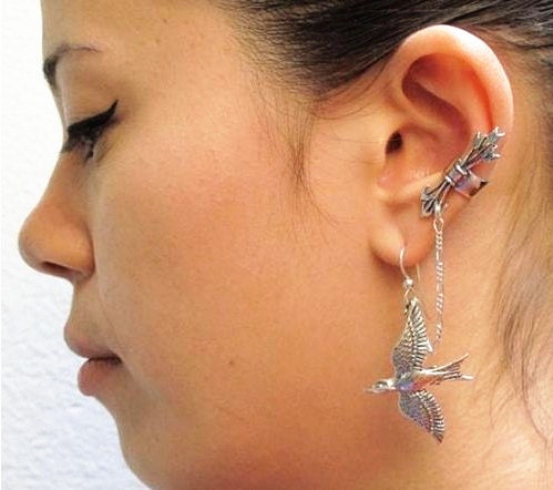 Hunger Games Inspired Earring - Antique Silver/Bronze Quiver Arrows Dangle Mockingjay Bird Chain Ear Cuff Clip Stud Wrap Earrings PIERCING