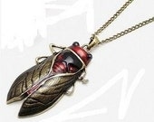 LARGE Cicada Necklace- Bronze BIG Wing Grasshopper Cicada Bug Enamel STEAMPUNK Scarab Beetle Pendant, forest woodland Insect Animal Jewelry
