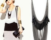 Chic Elegant Black Beaded Droplet Cluster Multi-Layer Cross Link Chain Pendant Bib Statement Fringe Tassels Gun Black Long Necklace Collar