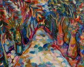 Original painting, landscape, fauvism, impressionism, semiabstract, alley, palms, path, lane, contemporary art.