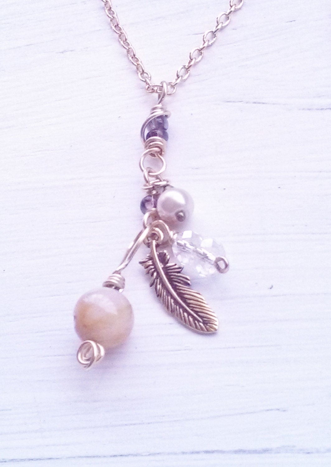 Creamy Yellow Jade Feather Pearl Crystal Cluster Necklace Handmade Jewelry Wire Wrapped Jewelry