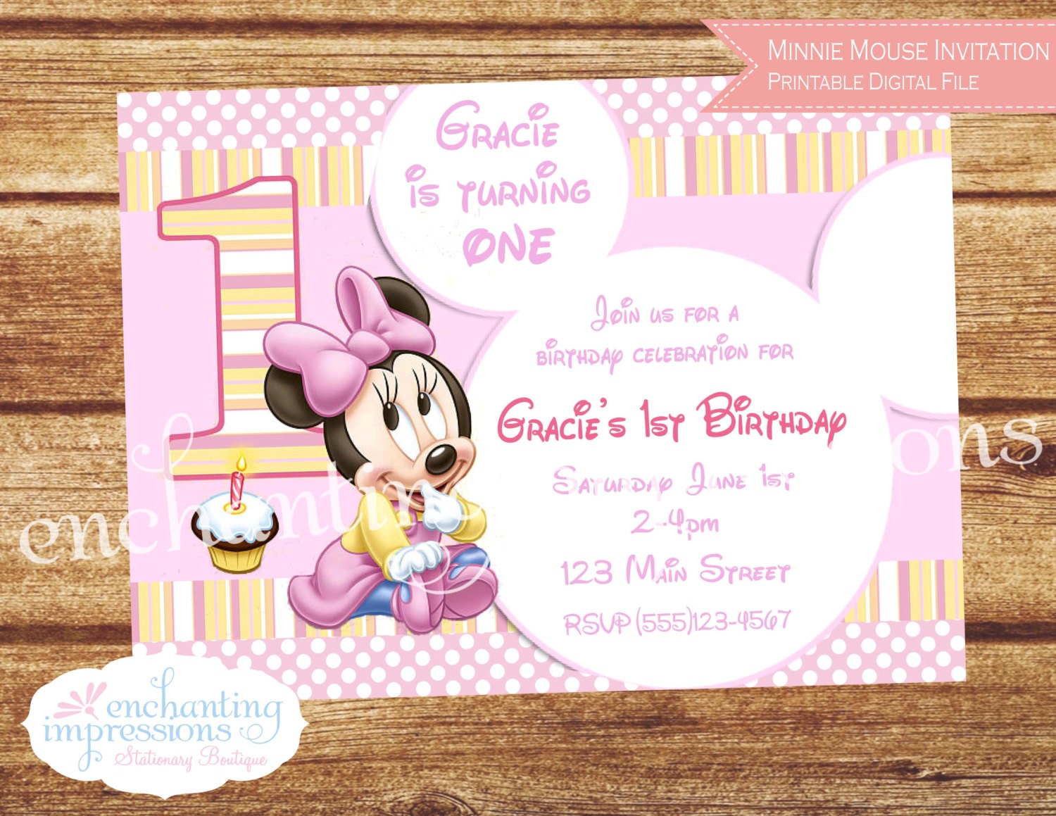 Minne Mouse 1st Birthday Invitation - Printable - Digital File Only