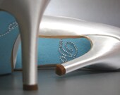 Wedding Shoes -- White Satin Peeptoes with Capri Blue Sole and Silver Rhinestone "I Do" Decals