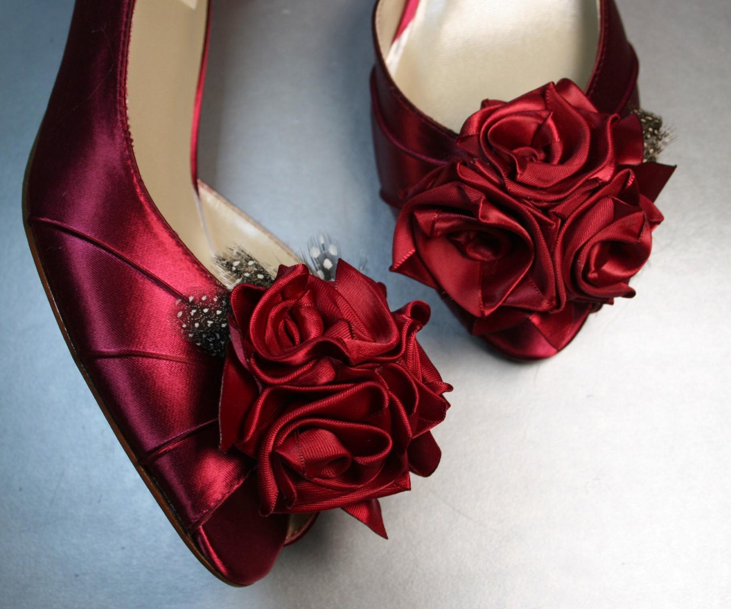 Wedding Shoes -- Scarlet Red Peeptoes with Red Roses on Heel and Toe with Polka Dot Feather Accents