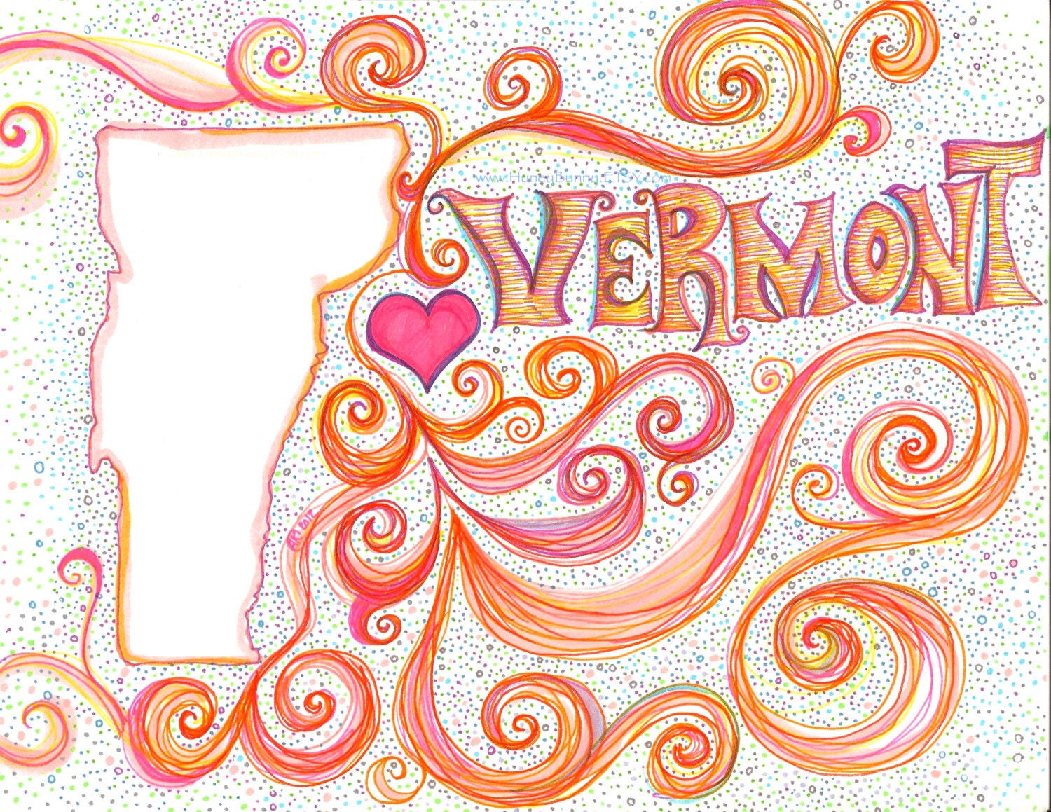 Vermont - I Love Vermont  - Drawing. Original Whimsical Work with Sharpies and Copic markers. Art from Allie Kelley