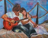 Romantic art, oil paintings, couple in love, Boy, Girl and a Guitar, original artwork, romance tender love