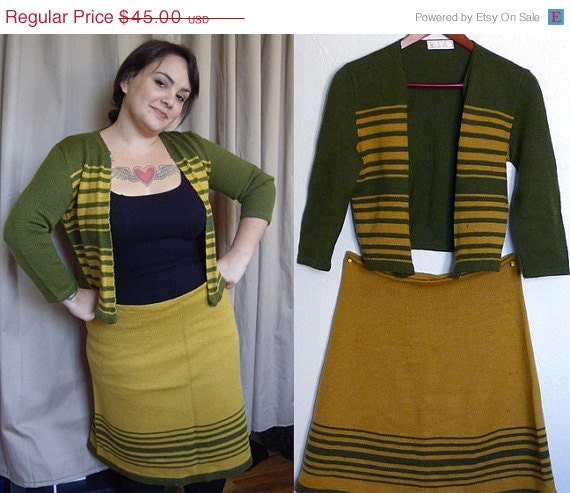 SALE Knit Sweater and Skirt Set in Olive Green and Mustard Yellow