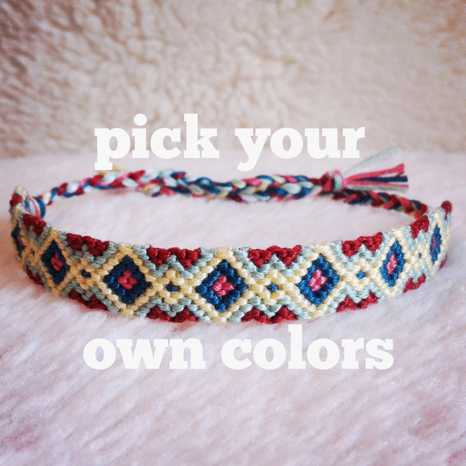 Friendship Bracelet - MADE TO ORDER: Braided Handmade Embroidery Floss Fiber Friendship Bracelet - Large and Small Alternating Diamonds