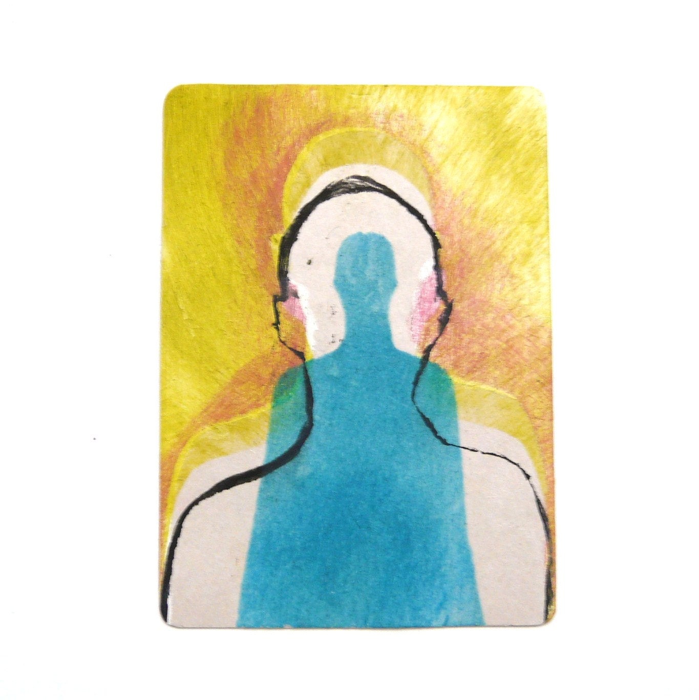 ACEO  painting  --  neon, abstract modern silhouette, pop art portrait, bright blue, chartreuse, lime green, street art