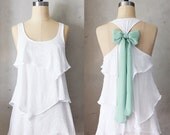 SAGE AURA - Romantic white flowy tier blouse // pastel sage green // chiffon sash bow // tunic // tank top // racerback