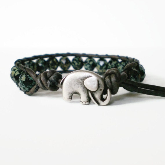 bohemian beaded wrap bracelet, black glass beads, leather cuff, chan luu style, elephant button, boho chic jewelry