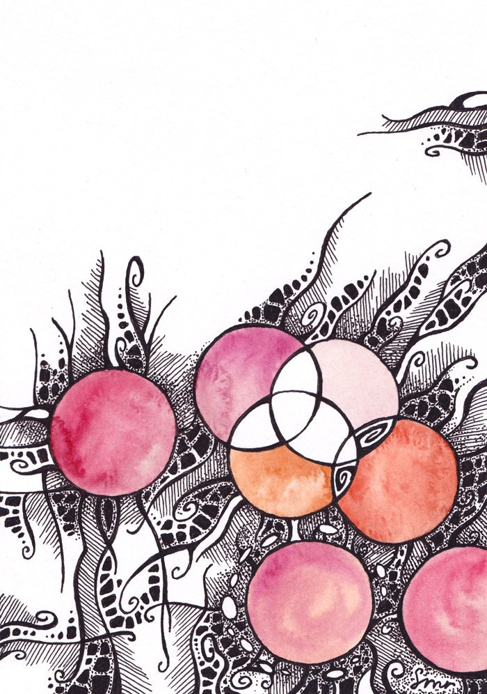 Original mixed media drawing - Crcles 1 - geometrical pink and red abstract art