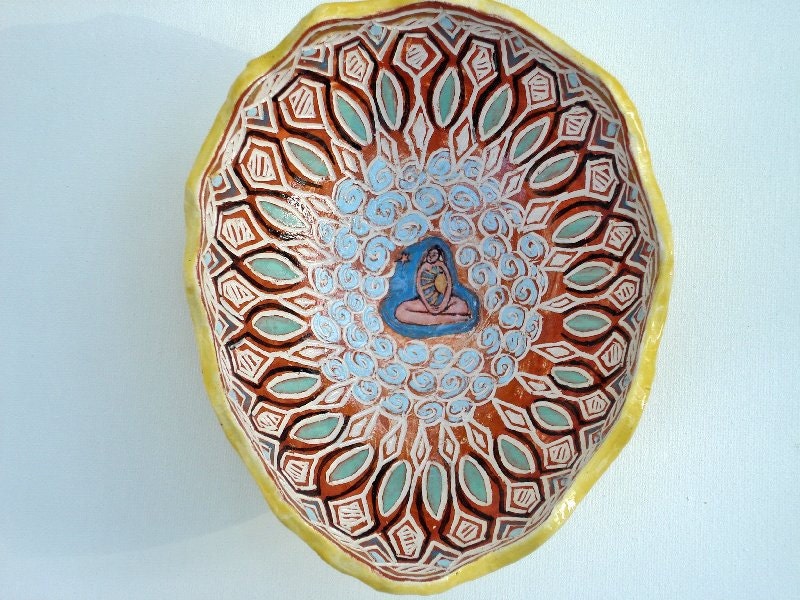 hand carved yellow ceramic pottery bowl