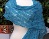HANDKNIT LACE SCARF In Turquoise Teal Mohair/Wool/Acrylic Blend Elegant Wrap Stole Cowl