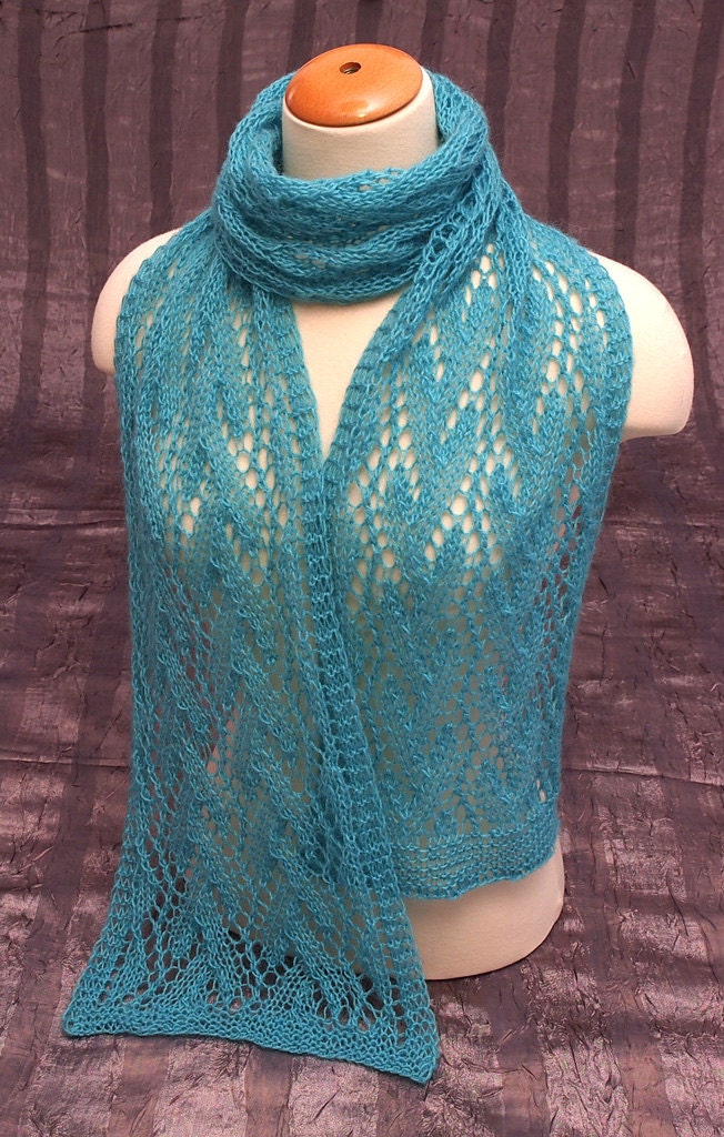 HANDKNIT LACE SCARF In Turquoise Teal Mohair/Wool/Acrylic Blend Elegant Wrap Stole Cowl