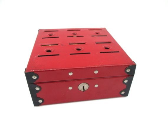 Vintage Red Metal Budget Box Bank Money Savings Container Industrial Storage