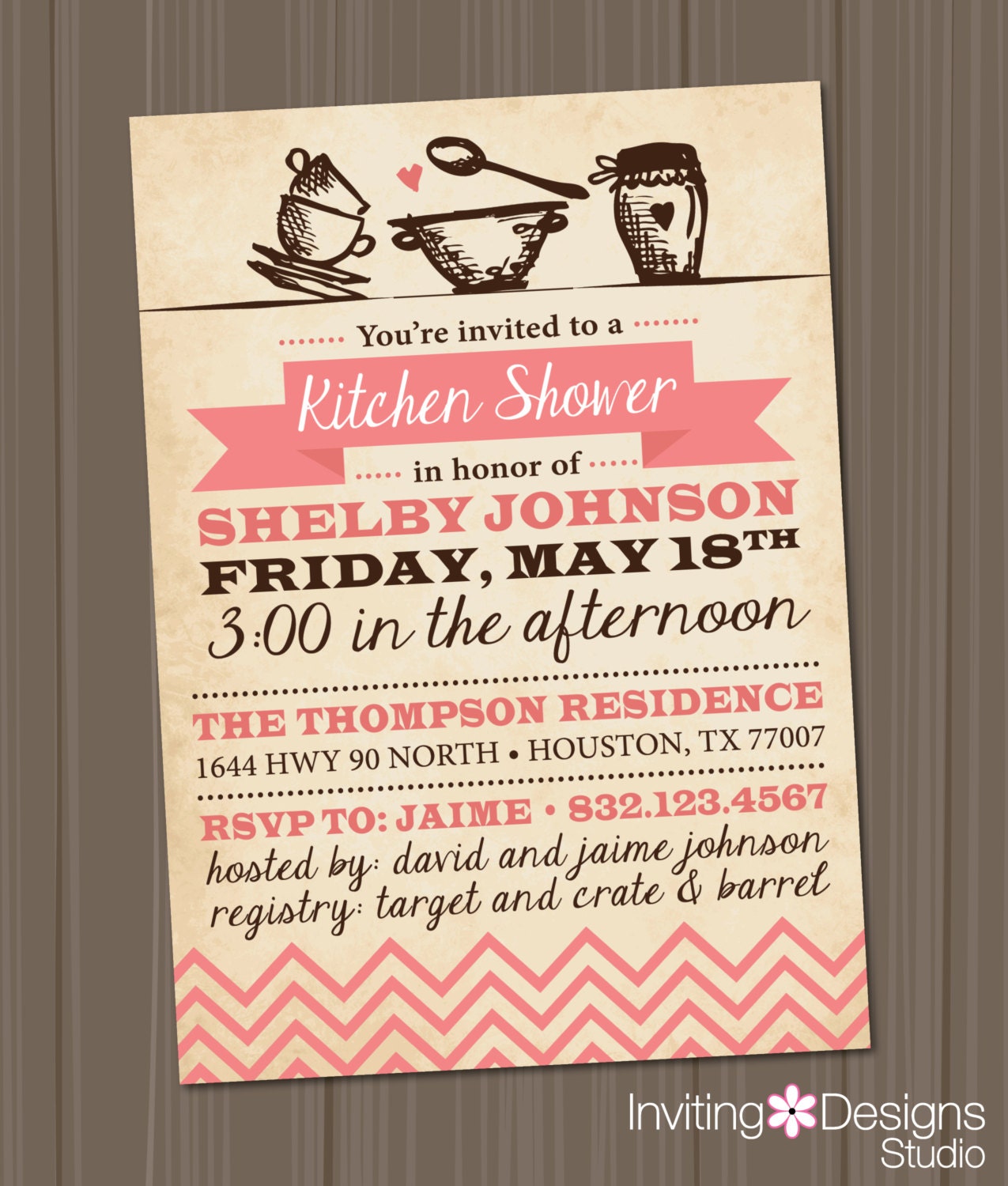 Kitchen Bridal Shower Invitation, Wedding Shower, Coral, Brown, Pink, Vintage, Customize Your Colors (PRINTABLE FILE)