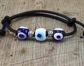 Big Slim Bracelet - Leather handmade glass Evil Eye Beads