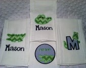 Set of 4 Alligator Gator and Initial with Name Embroidered Custom Personalized Boutique Burp Cloth Lime Green Navy Blue