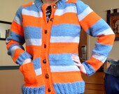 Hand Knitted Sweater - Orange, Grey, and Blue