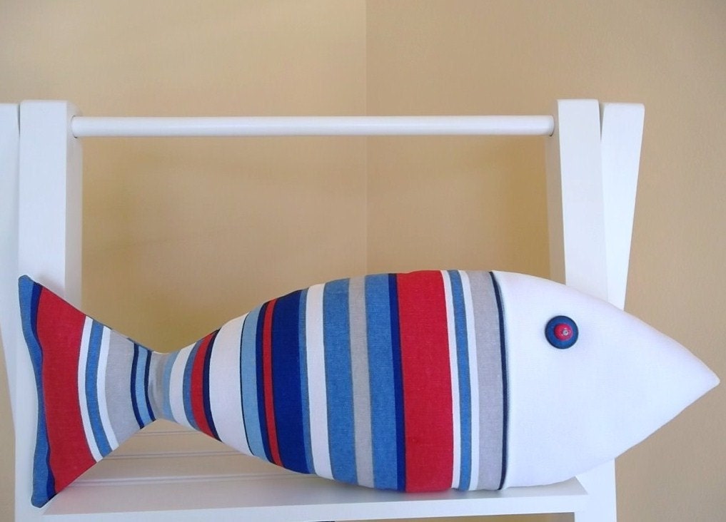 Red White and Blue - Fish Pillow - Fourth of July - Kids Room Decor - Nautical Pillow