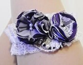 Purple & Ivory Wedding Garter- Silk and Lace with Roses Diamante and Pearls