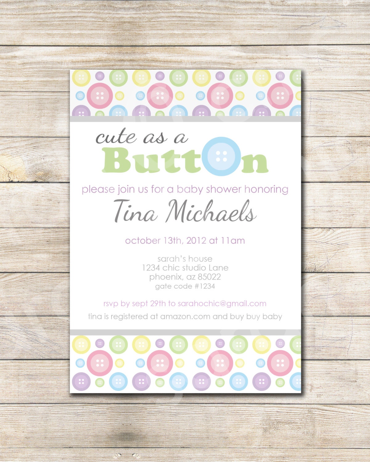 Printable Cute as a Button Baby Shower Invitation -- sarah O chic -- multi colored, pastel, Button, purple, grey,baby shower