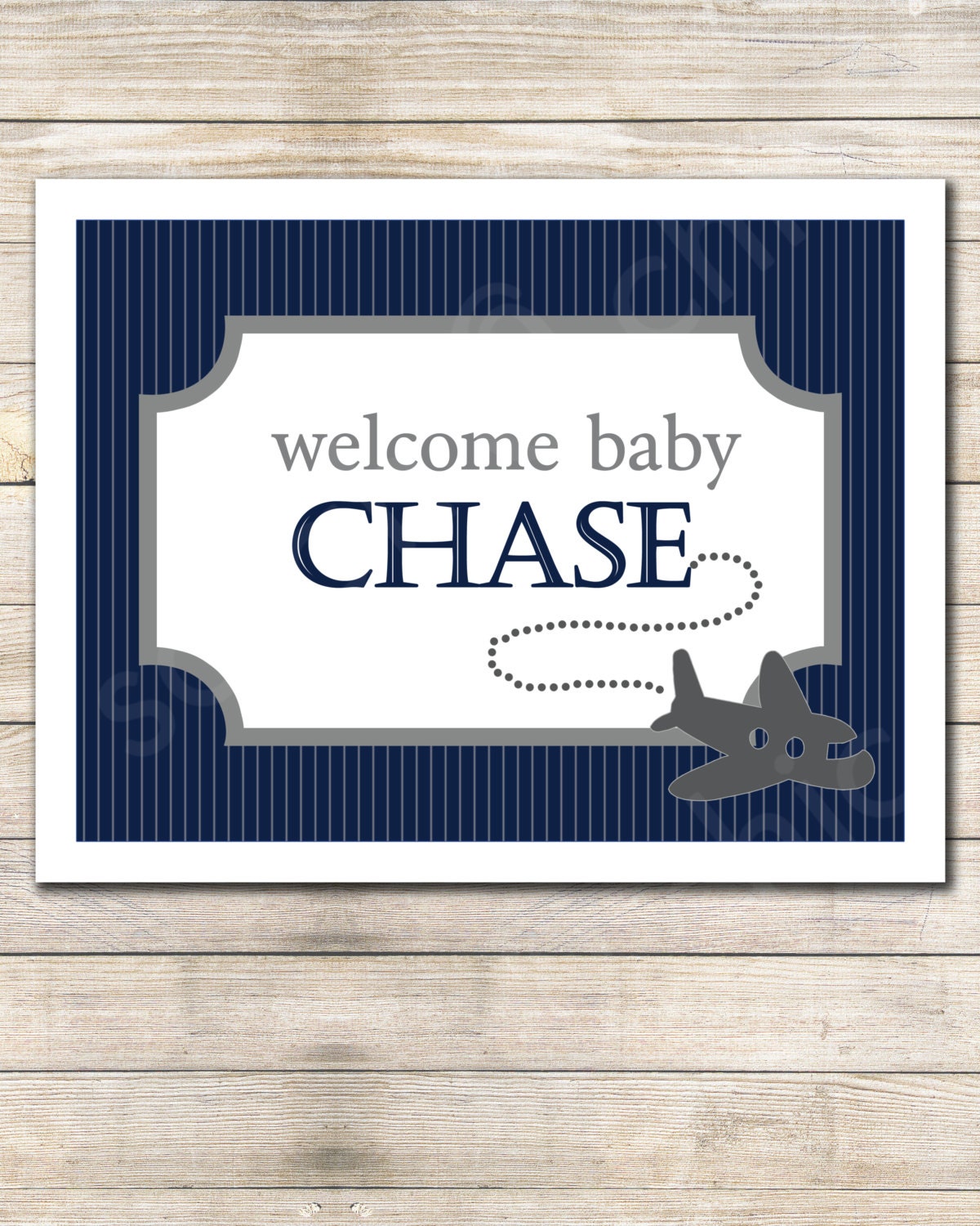 Airplane Printable Welcome Baby Sign -- sarah O chic -- navy blue, grey, airplane, pilot, welcome baby sign, nursery sign