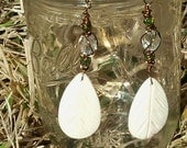 Forest Breeze- carved bone feather and quartz dangle earrings