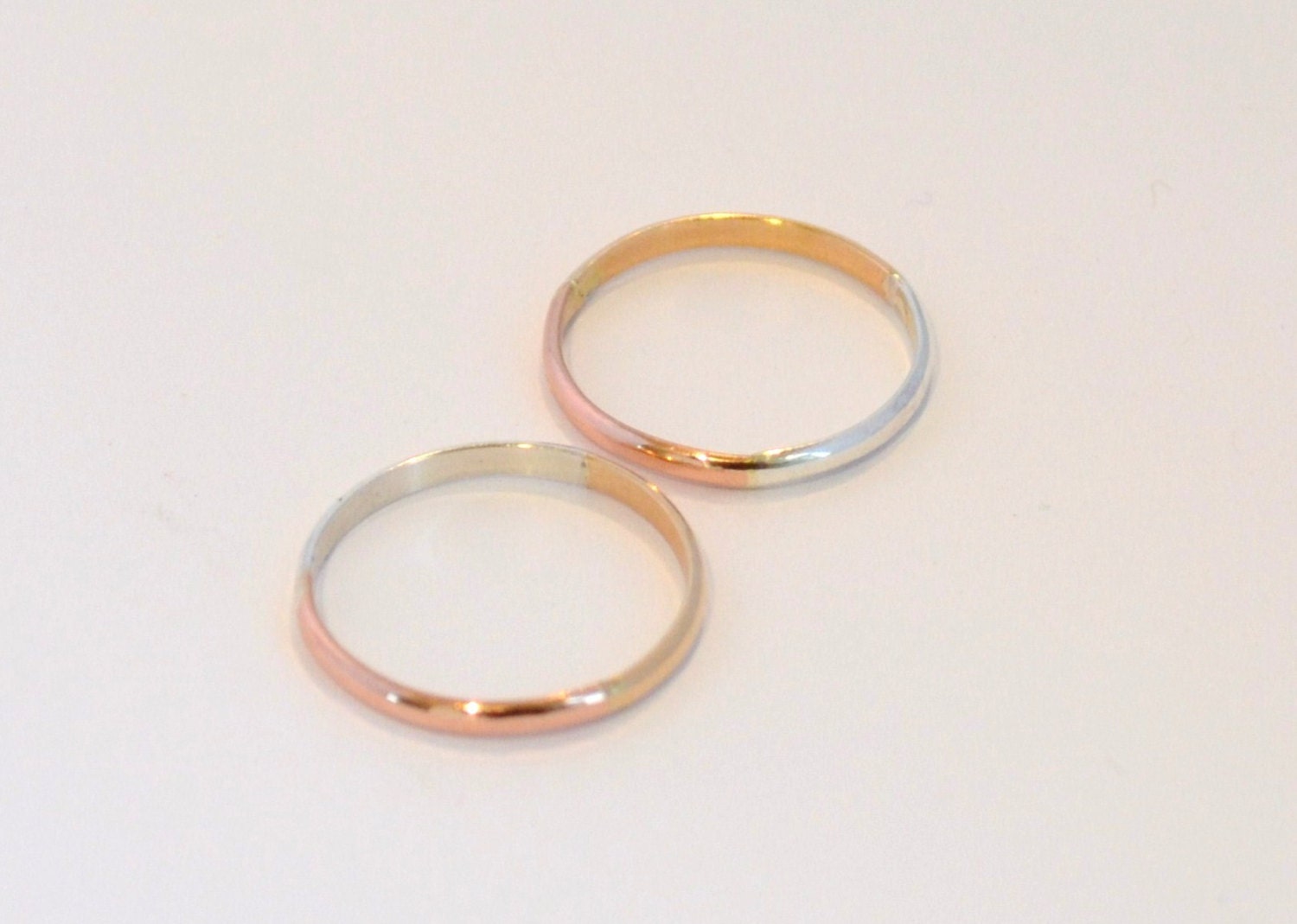 Set of 2 Aura Rings- 3 Metals in One Ring- Pink Gold, Yellow Gold, and Sterling Silver -- Stacking, Layering, Knuckle Ring