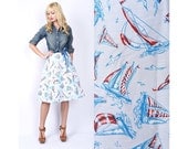 Vintage 80s Nautical Sailboat Print Skirt Wrap High Waist seagull bird preppy XS Small Medium S M 1980s White Blue Red
