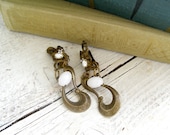 Boho Bronze Dangle Earrings, Retro long clip earrings, white pearls, rhinestones jewelry, Hippie, Gypsy, Gift for mother, Spring