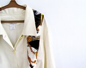Mid Century Off White long sleeve Blouse With Belt, Woman Size XL, Mad Men Fashion, Spring, Autumn, Big Collar Shirt, Retro Tailored Top