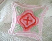 PINK Vintage Chenille Accent Pillow - Pink, Red, White and Jadeite Green Floral Vintage Chenille and 12" Decorator Insert