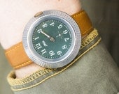 Vintage wristwatch gents watch  forest green face, caramel leather watch Soviet watch chunky