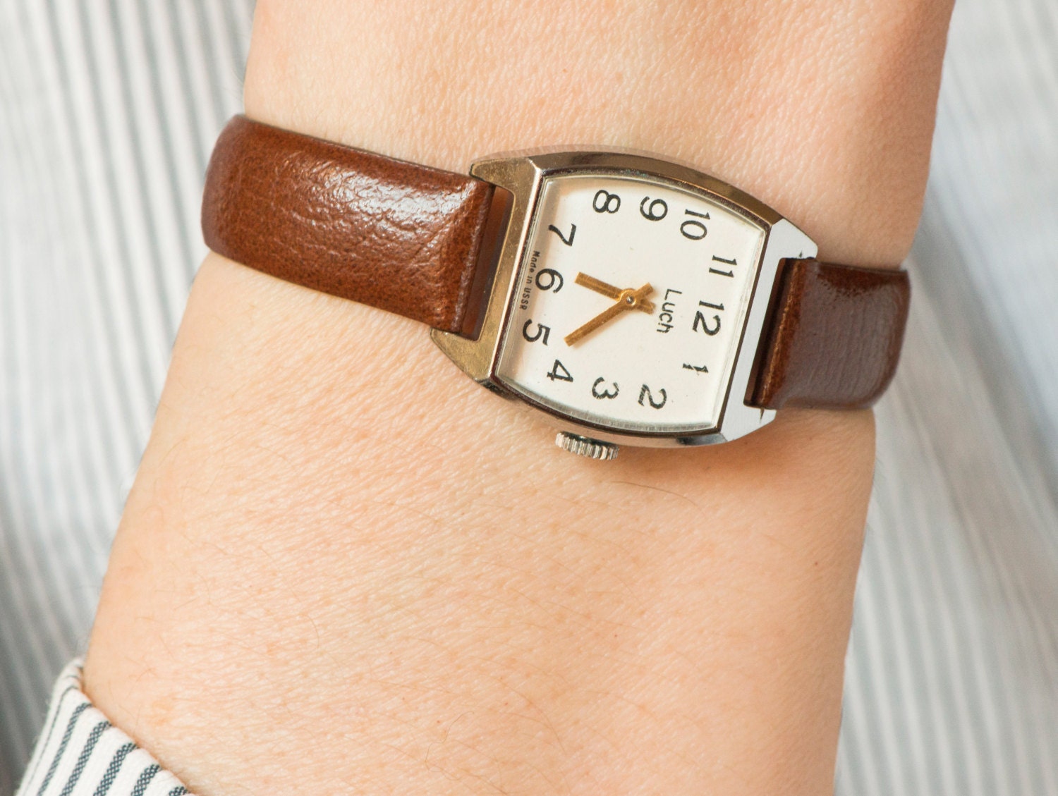 Vintage women's watch Luch silver tone wrist watch accessory lady watch cappuccino color leather