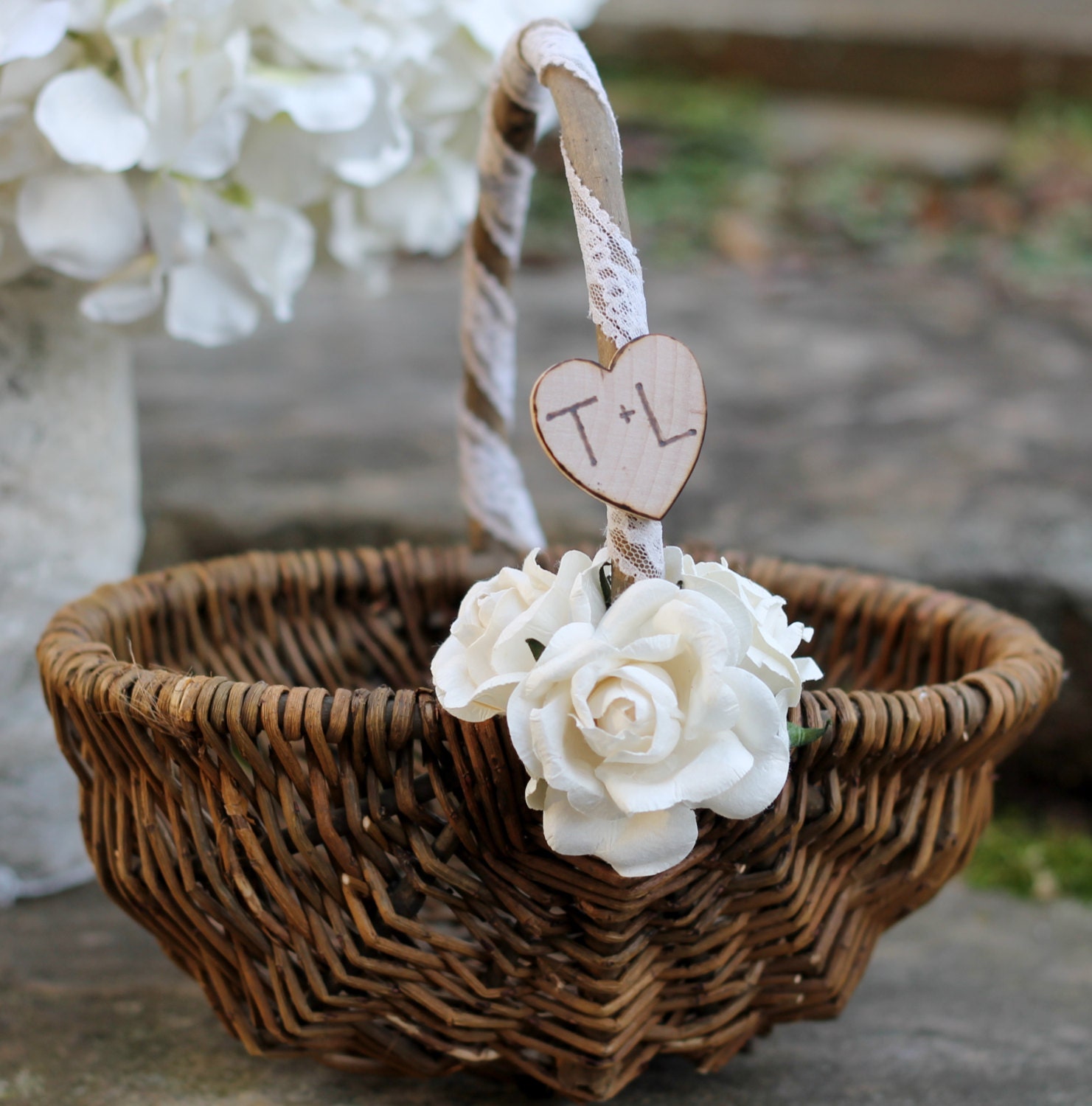 Rustic Flower Girl Basket Personalized, 3 Paper Roses and Tea Dyed Lace