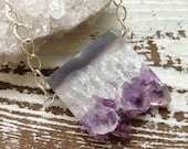 LAYLA / Raw Purple AMETHYST Druzy Quartz Crystal Cluster Gemstone Pendant Layering Necklace, Sterling Silver, Summer, LARGE